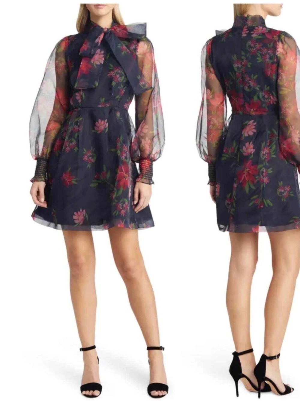 NWT Rachel Parcell Floral Long Sleeve Tie Neck Satin Mini  Dress Elegant 8